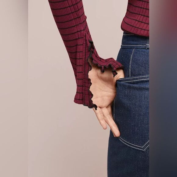 Anthropologie Michael Stars Red and Black Striped Long Sleeve Top Sleeve Detail - Picture 4 of 8